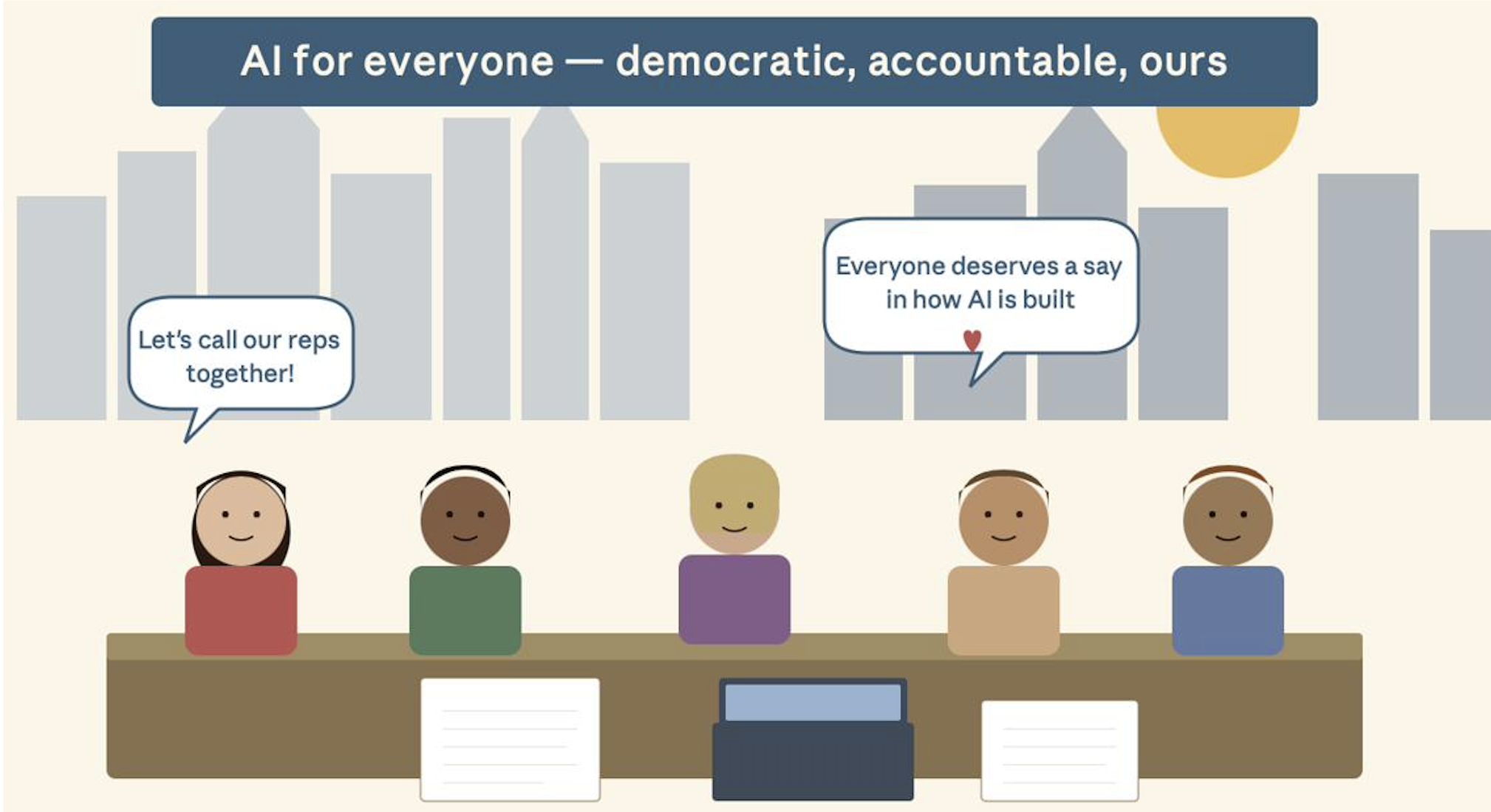 Community members gathered around a table — AI for everyone: democratic, accountable, ours